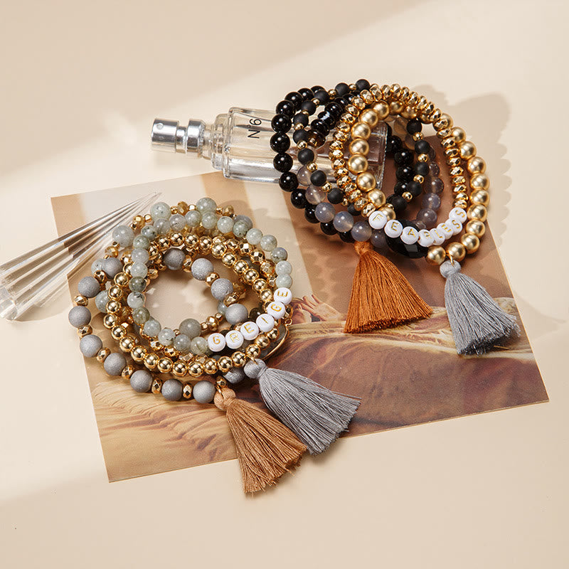 Olivenorma Set di 6 bracciali in cristallo naturale inciso