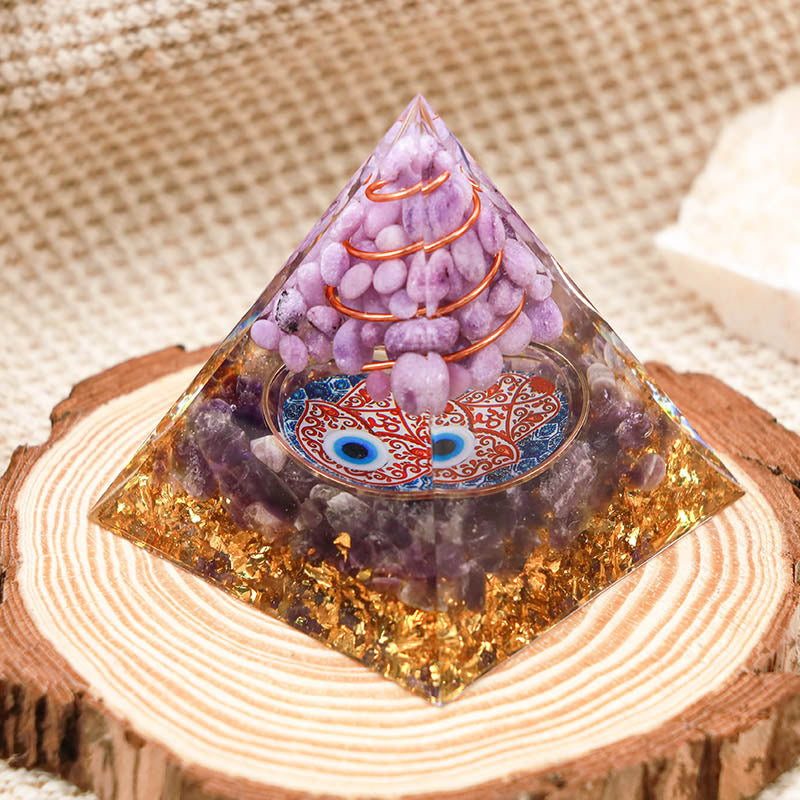 Piramide di protezione in orgone Hamsa con ametista Olivenorma e giada viola 