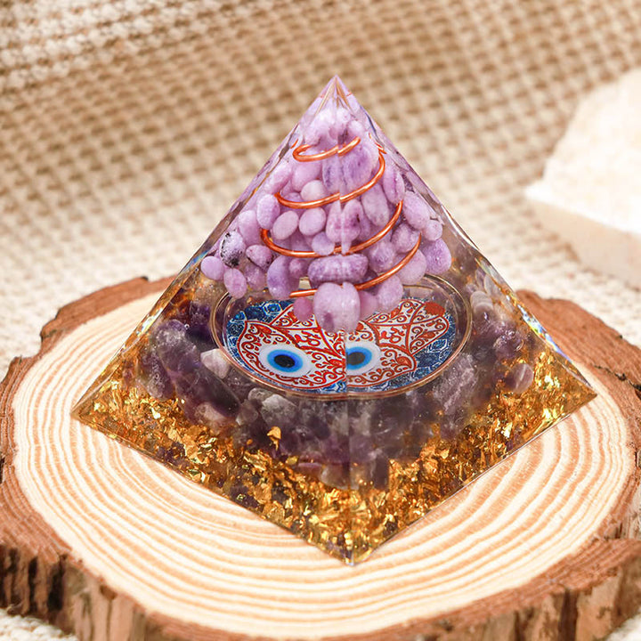 Piramide di protezione in orgone Hamsa con ametista Olivenorma e giada viola 