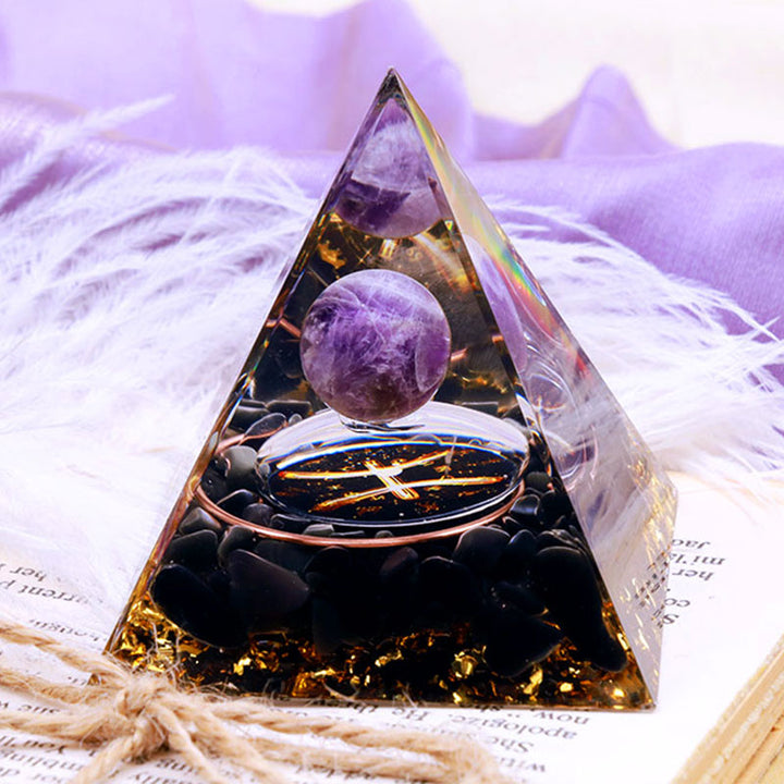 Sfera di ametista Olivenorma con piramide di orgone in ossidiana Zodiaco Pesci 
