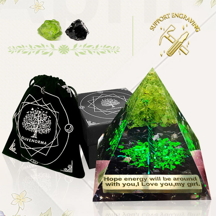 Piramide di orgone portafortuna in ossidiana Olivenorma con peridoto