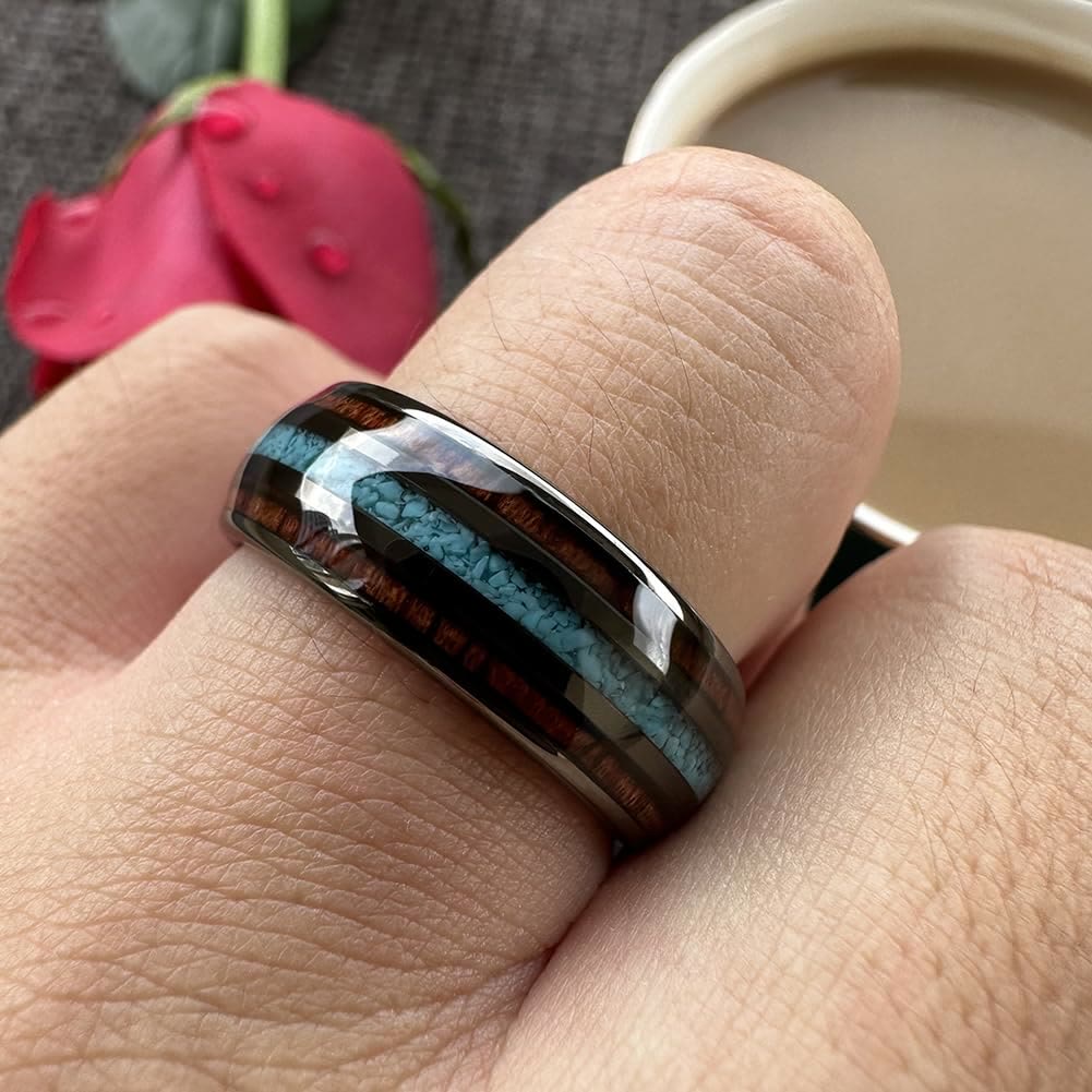 Anello in carburo di tungsteno lucido turchese da 8 mm in legno Olivenorma