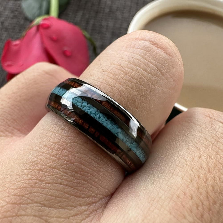 Anello in carburo di tungsteno lucido turchese da 8 mm in legno Olivenorma
