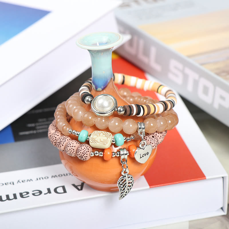 Set di braccialetti di perle con ciondolo a forma di cuore e foglia Olivenorma