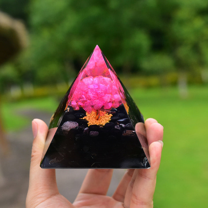 Piramide di orgone curativa in ossidiana Olivenorma con cristallo rosa