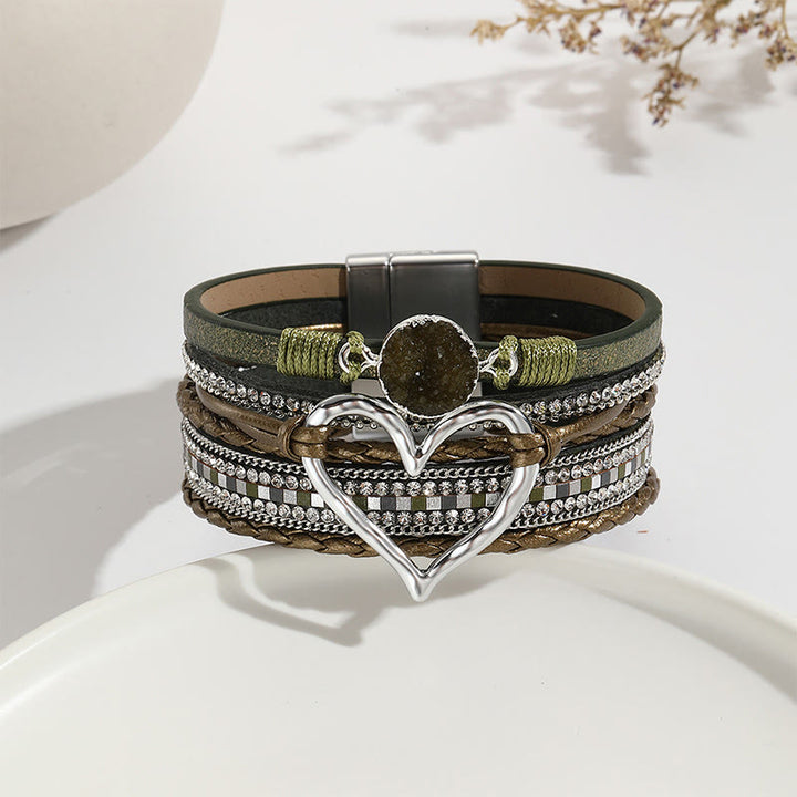 Olivenorma Bracciale in pelle intrecciata con cuore metallico e cristalli multicolori 
