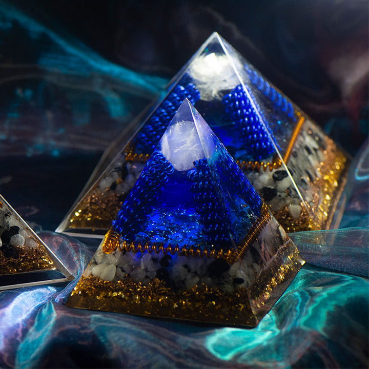 Labradorite Olivenorma con piramide di orgone occhio di tigre