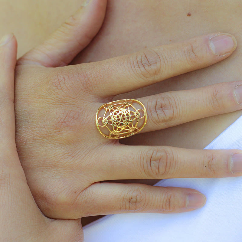 Anello regolabile in acciaio inossidabile con simbolo del cubo di Metatron di Olivenorma 