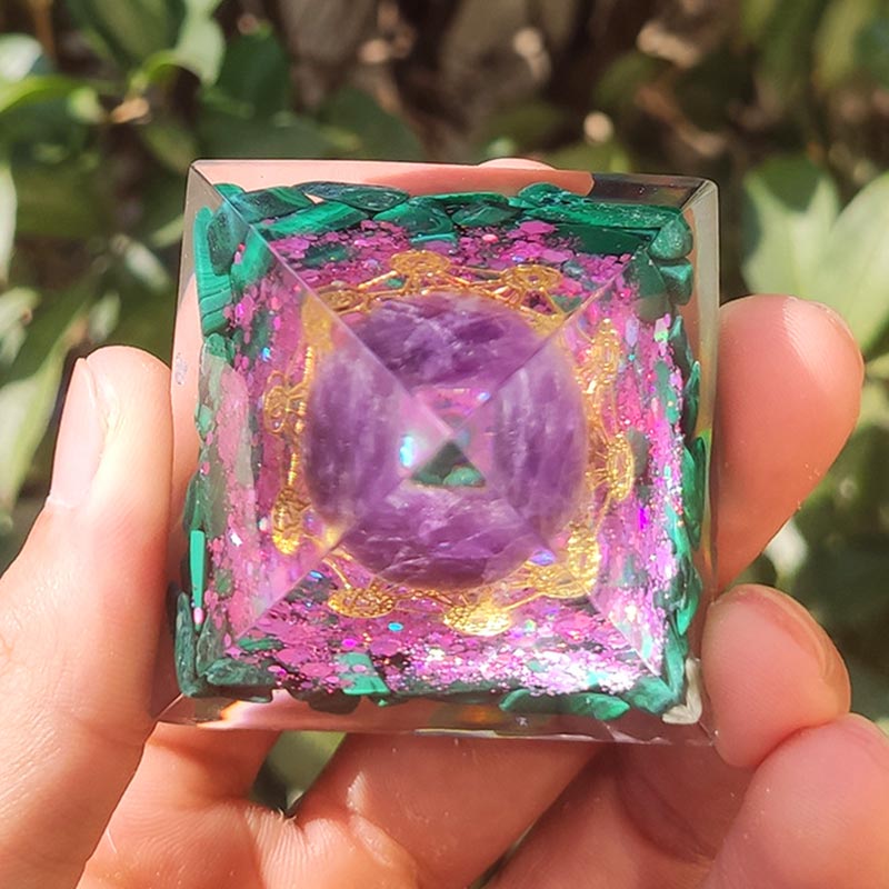 Olivenorma Ametista Malachite Cubo di Metatron Simbolo Piramide Orgonica