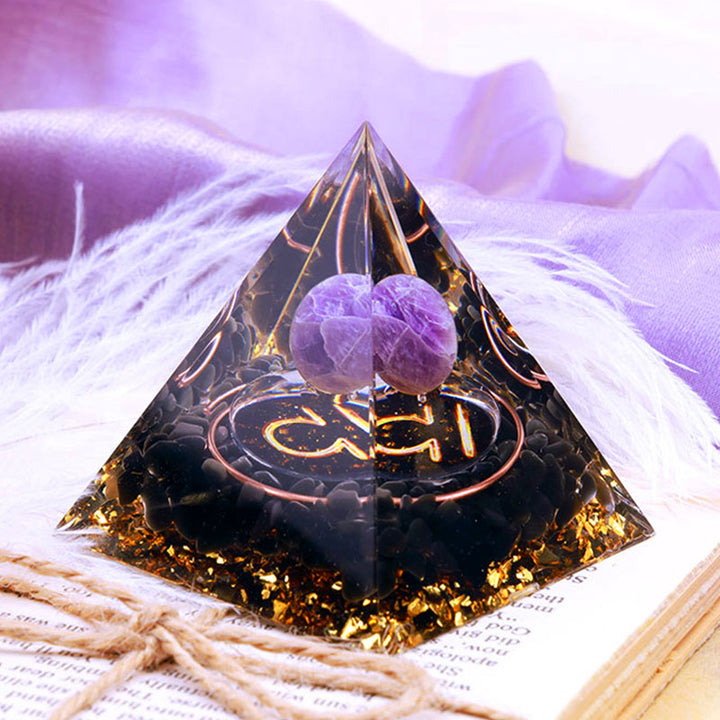 Sfera di ametista Olivenorma con piramide di orgone dello zodiaco Bilancia in ossidiana 