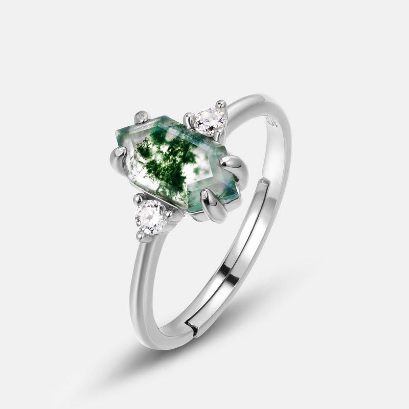 Anello regolabile Olivenorma S925 con agata muschiata esagonale e zircone bianco 
