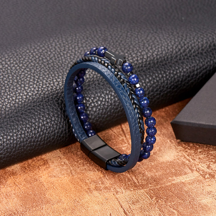 Bracciale da uomo in pelle intrecciata con perline di pietra naturale Olivenorma