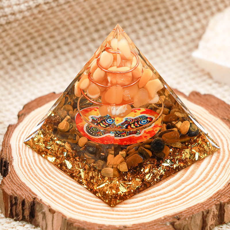 Olivenorma Sun Stone con occhio di tigre Hamsa Orgone Pyramid 