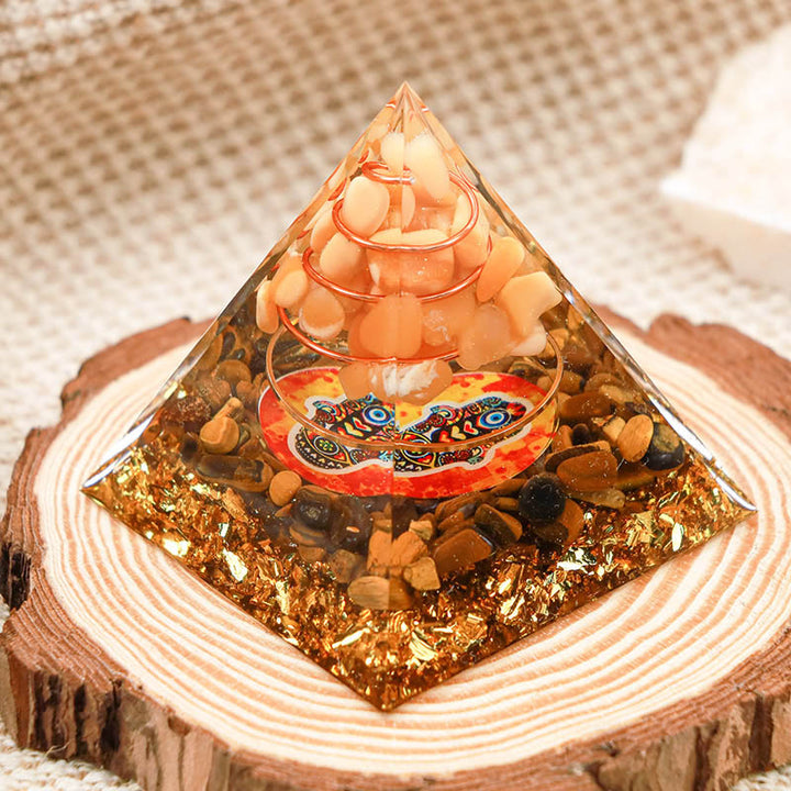 Olivenorma Sun Stone con occhio di tigre Hamsa Orgone Pyramid 