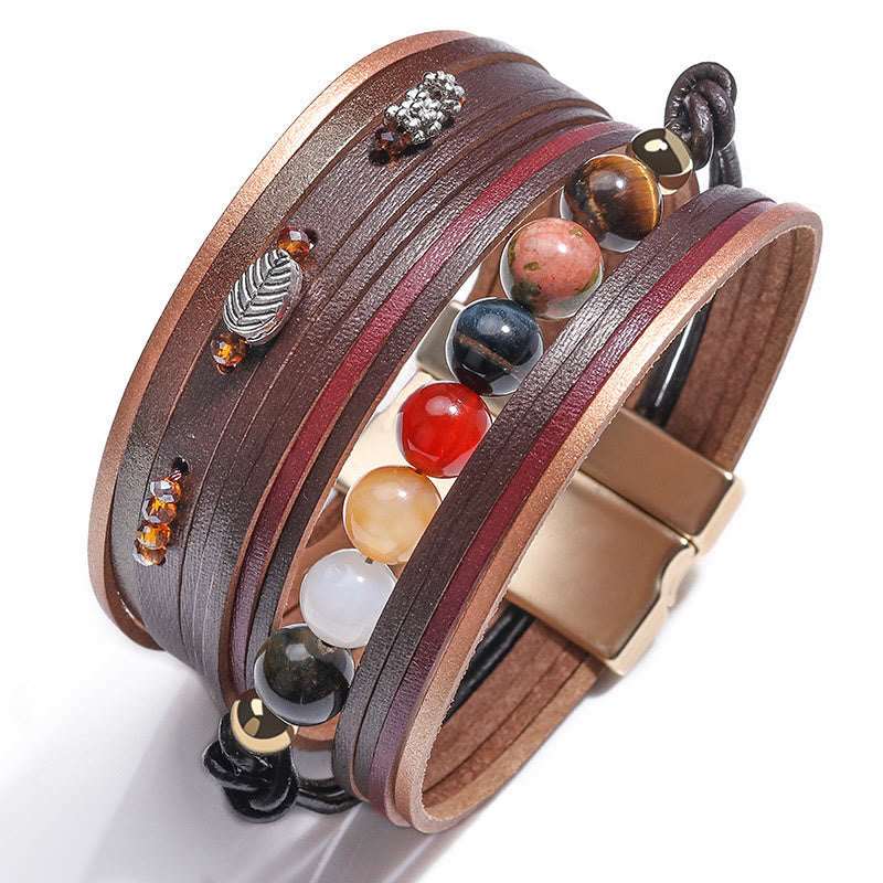 Bracciale multistrato in pelle con perline di cristallo naturale Olivenorma 
