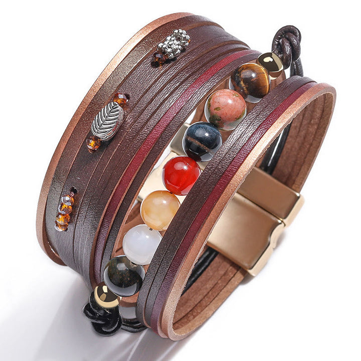 Bracciale multistrato in pelle con perline di cristallo naturale Olivenorma 