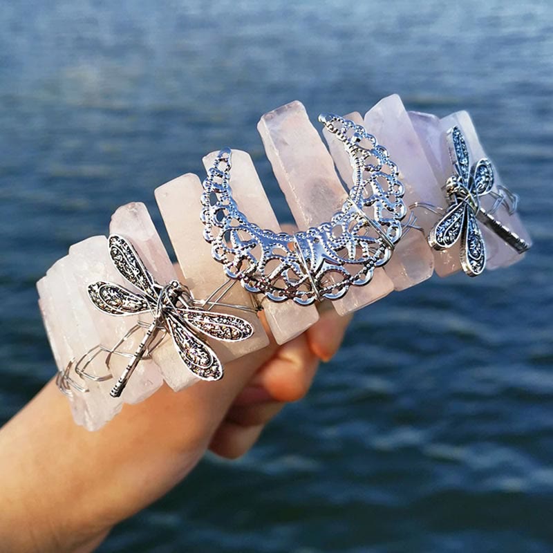 Olivenorma - Corona da sposa con accessorio a forma di luna e libellula in cristallo naturale 
