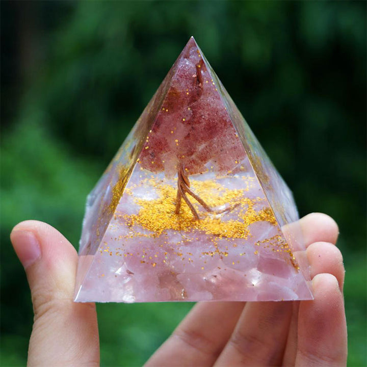 Olivenorma Albero della Vita Quarzo Fragola con Piramide Orgonica in Quarzo Rosa 
