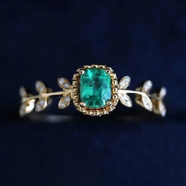 Olivenorma Anello Vintage Foglia di Smeraldo con Zircone 