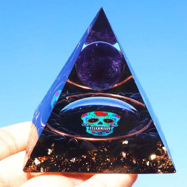 Olivenorma Ametista e Ossidiana Teschio Simbolo Piramide Orgonica 