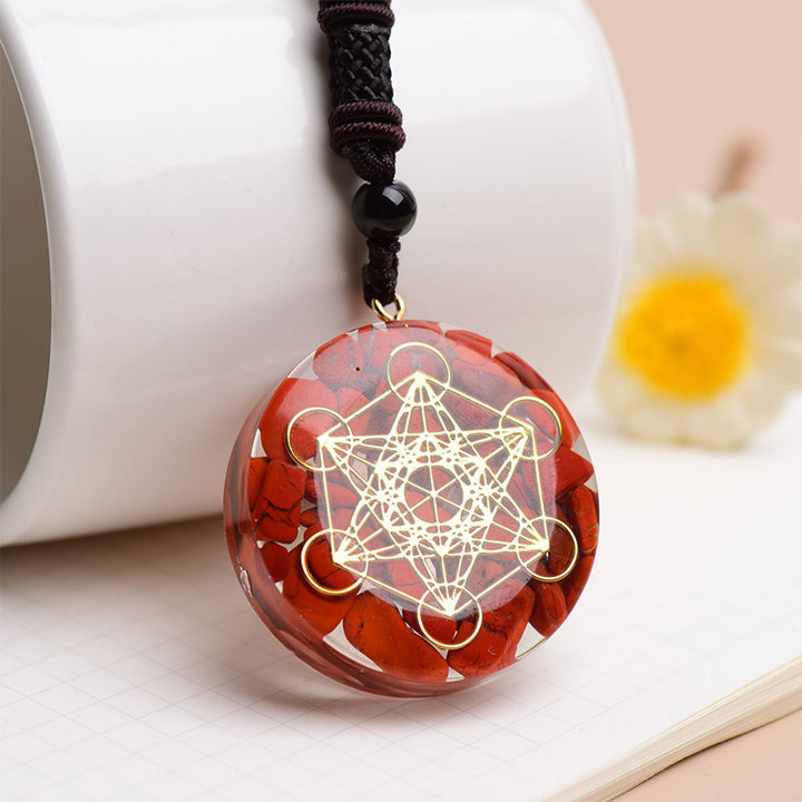 Collana con simbolo del cubo di Metatron in diaspro rosso, lapislazzuli e turchese Olivenorma 