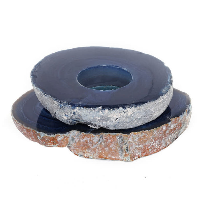 Portacandele a fetta di agata blu naturale