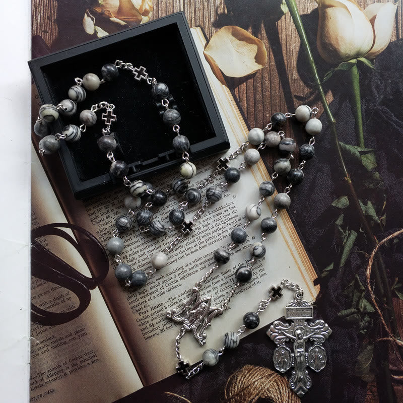 Collana rosario Olivenorma in agata nera con croce della Santa Madre