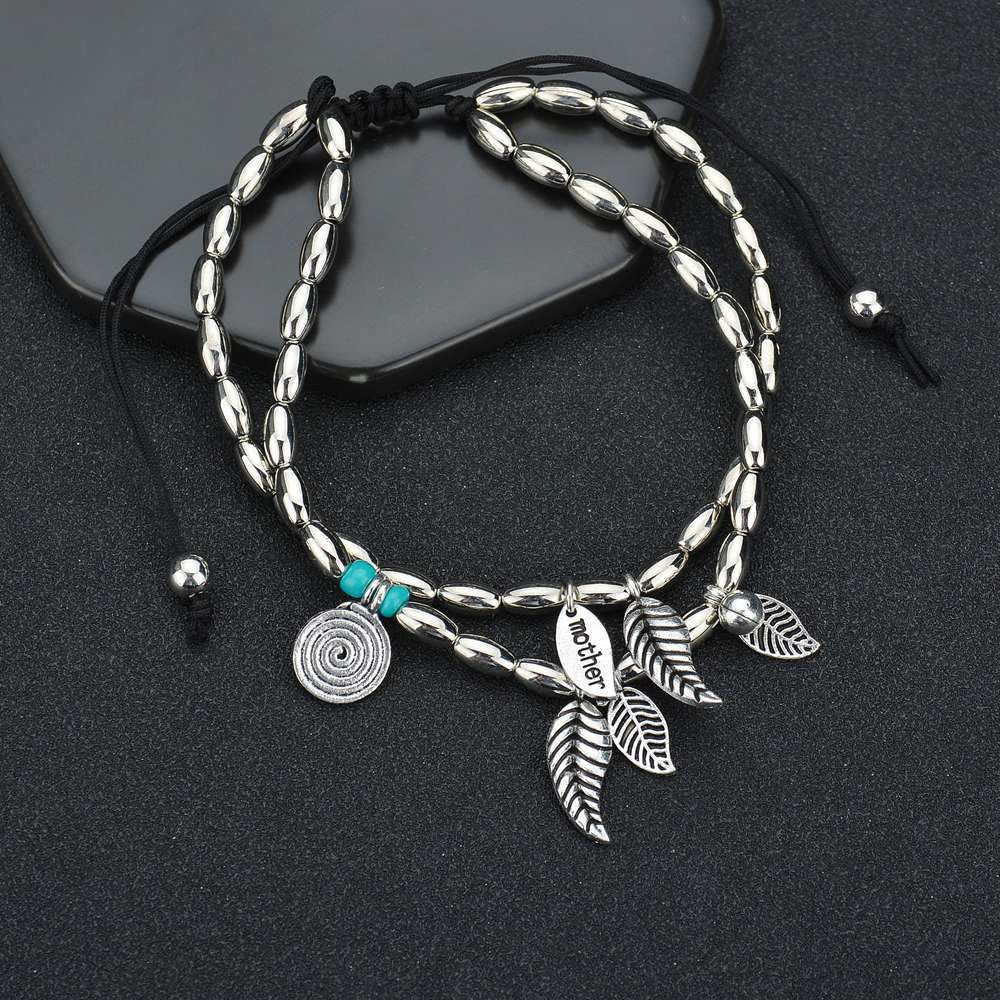 Olivenorma Bracciale Cavigliera Doppio Strato in Foglia d'Argento Turchese 