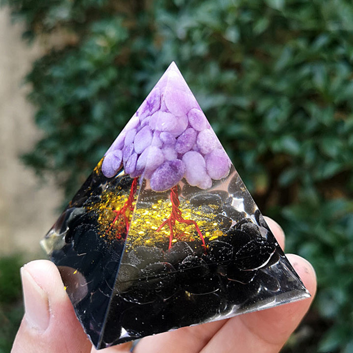 Olivenorma Piramide di Orgone con Albero della Vita in Ossidiana e Giada Viola 