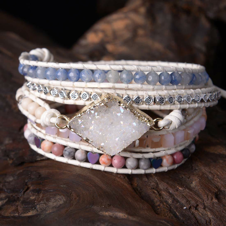 Braccialetto avvolgente fatto a mano Boho in quarzo rosa e cianite Olivenorma