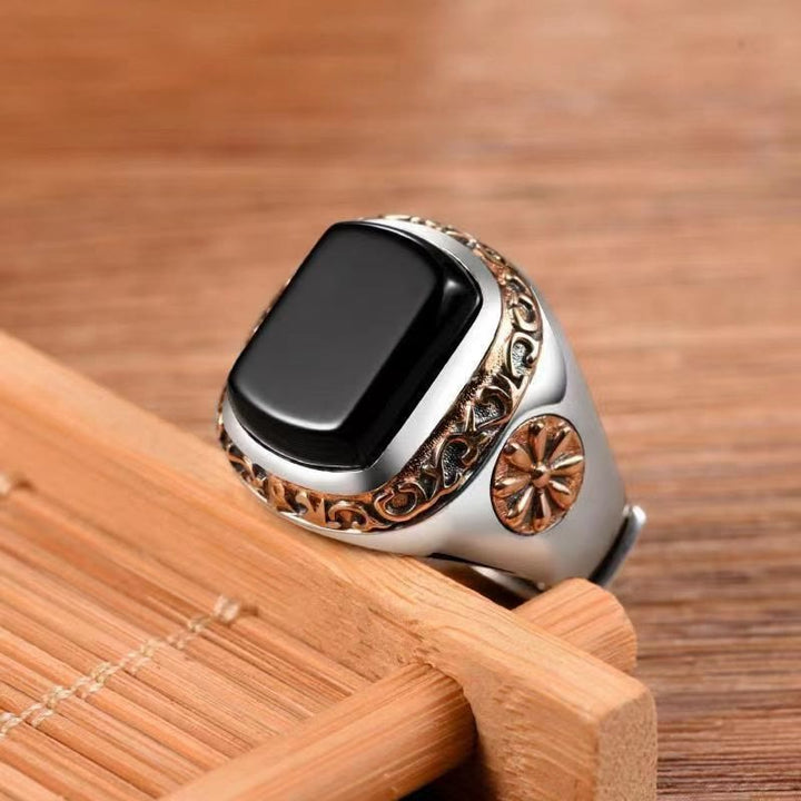 Olivenorma "Man Of Distinction" Anello con sigillo in ossidiana vintage da uomo 