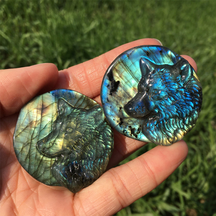 Decorazione in pietra preziosa totem di lupo labradorite naturale Olivenorma 