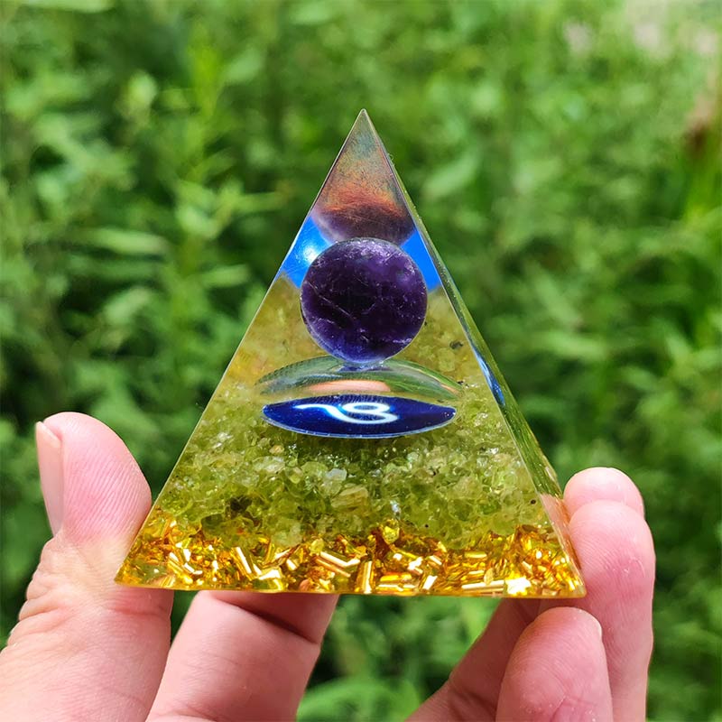 Olivenorma Ametista con Peridoto Leone Zodiaco Orgone Piramide