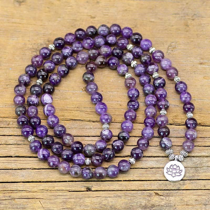 Collana Mala con simbolo di loto in ametista Olivenorma
