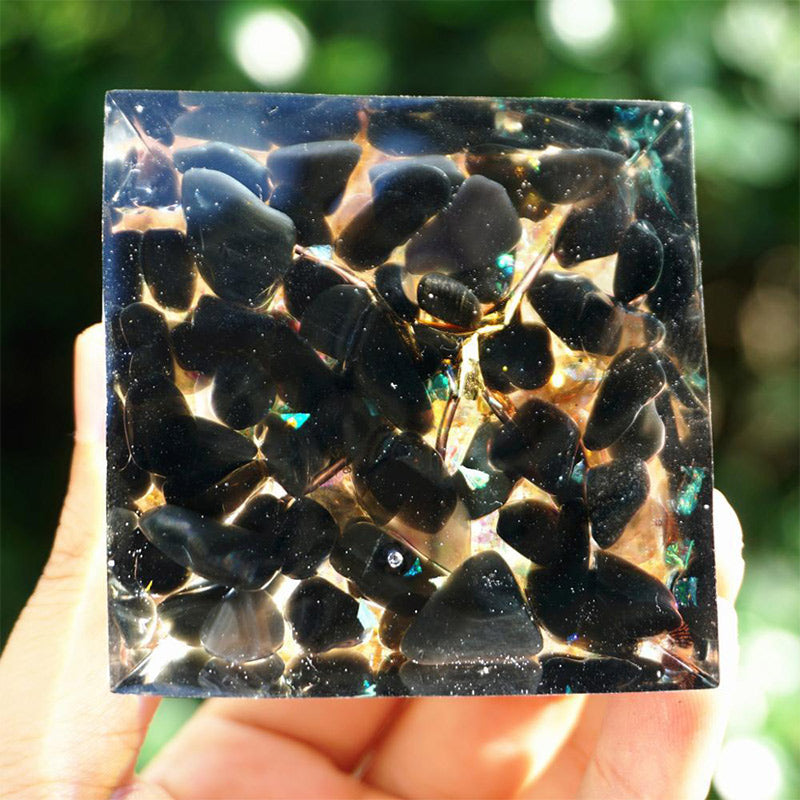 Olivenorma Ossidiana con Cristallo Trasparente Albero della Vita Piramide Orgonica 