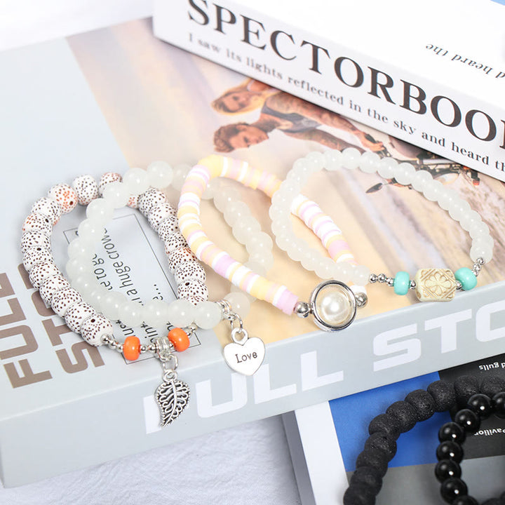 Set di braccialetti di perle con ciondolo a forma di cuore e foglia Olivenorma