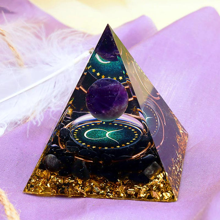 Sfera di ametista Olivenorma con piramide di orgone dello zodiaco del Toro in ossidiana 