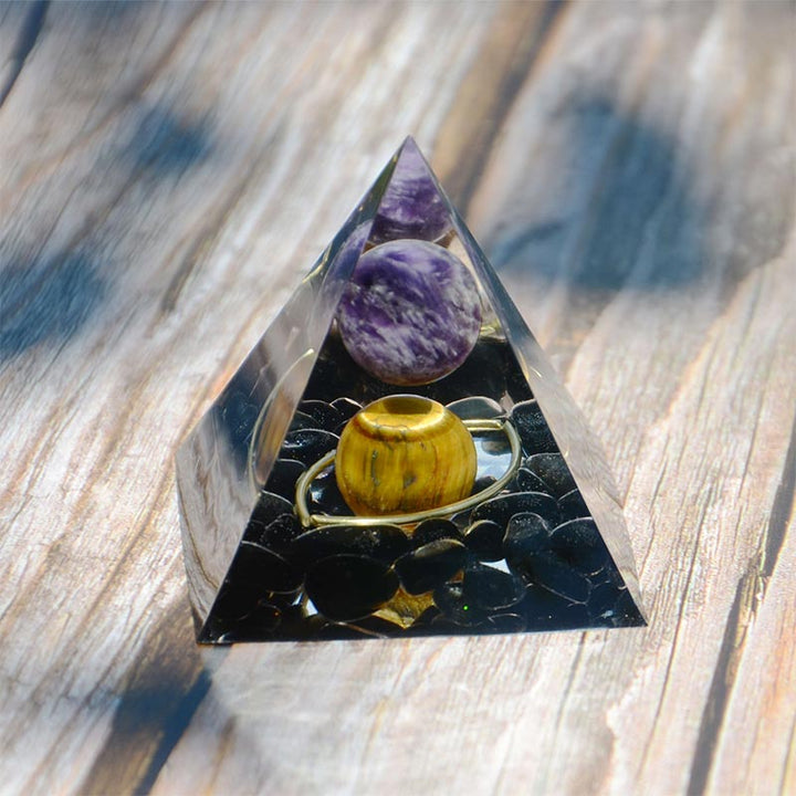 Sfera di ametista Olivenorma con piramide di orgone in ossidiana occhio di tigre 