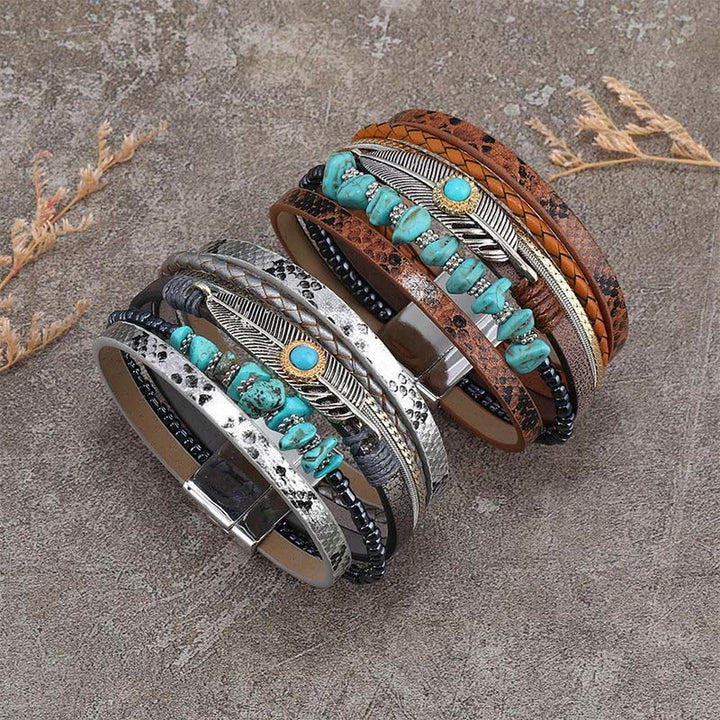 Olivenorma Bracciale in pelle multistrato turchese vintage marrone 