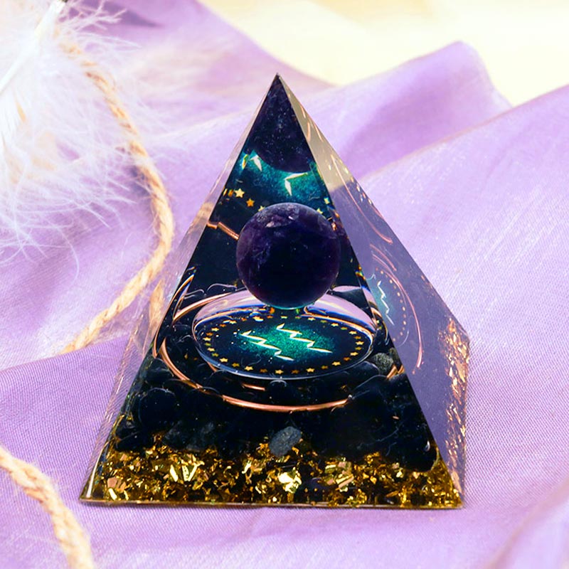 Sfera di ametista Olivenorma con piramide di orgone dello zodiaco Acquario in ossidiana 