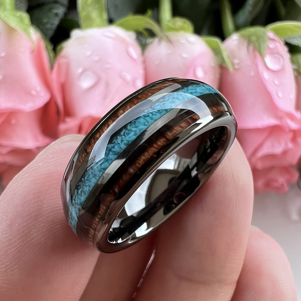 Anello in carburo di tungsteno lucido turchese da 8 mm in legno Olivenorma