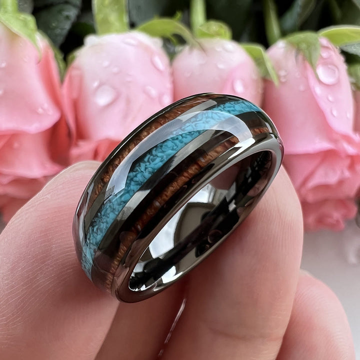 Anello in carburo di tungsteno lucido turchese da 8 mm in legno Olivenorma