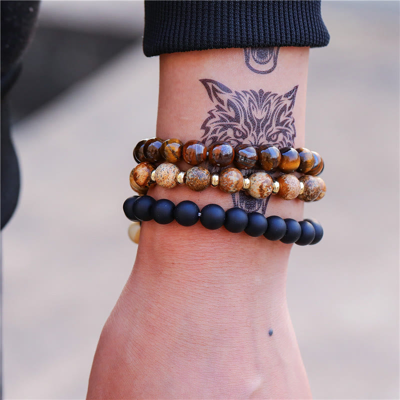 Olivenorma 3 pezzi Picture Jasper Tiger Eye Braccialetti di perline di onice nero
