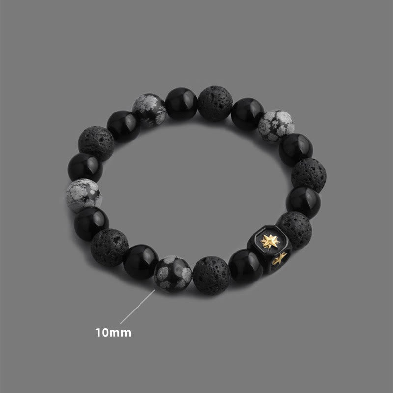 Bracciale da uomo con perline in pietra lavica, ossidiana e fiocco di neve di onice nero Olivenorma