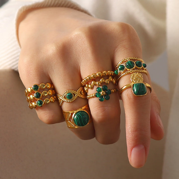 Olivenorma Anello aperto in malachite naturale verde oro