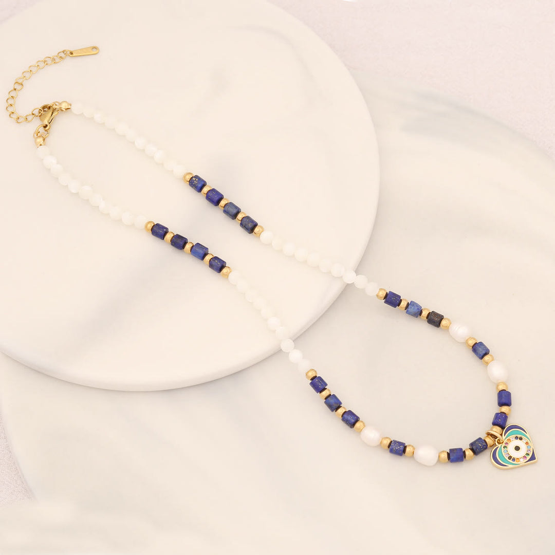Collana con ciondolo in pietra di cristallo di perle naturali Olivenorma con occhio malvagio