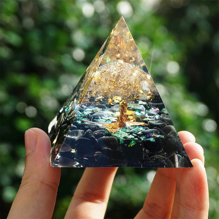 Olivenorma Ossidiana con Cristallo Trasparente Albero della Vita Piramide Orgonica 