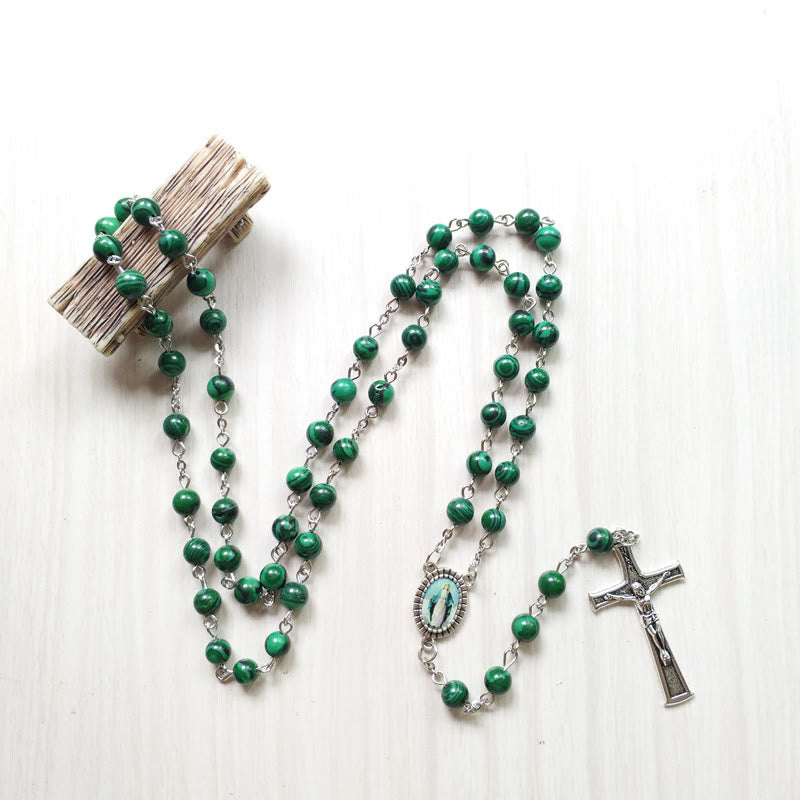 Collana con ciondolo a croce rosario in malachite Olivenorma da 6 cm 