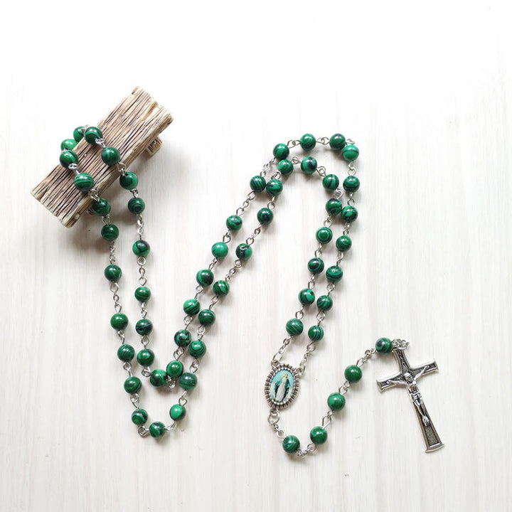 Collana con ciondolo a croce rosario in malachite Olivenorma da 6 cm 
