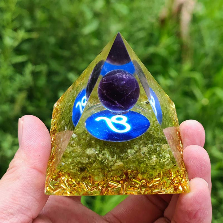 Olivenorma Ametista con Peridoto Leone Zodiaco Orgone Piramide